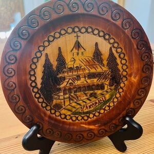 Two Poland, Polish Folk Art Carved Wood, a plate 9 inch Zakopane Cottage Core